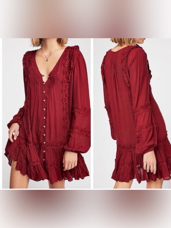 Free People Dresses & Skirts - Free People Snow Angel Ruffle Eyelet V-Neck Bohemian Mini Dress SZ S